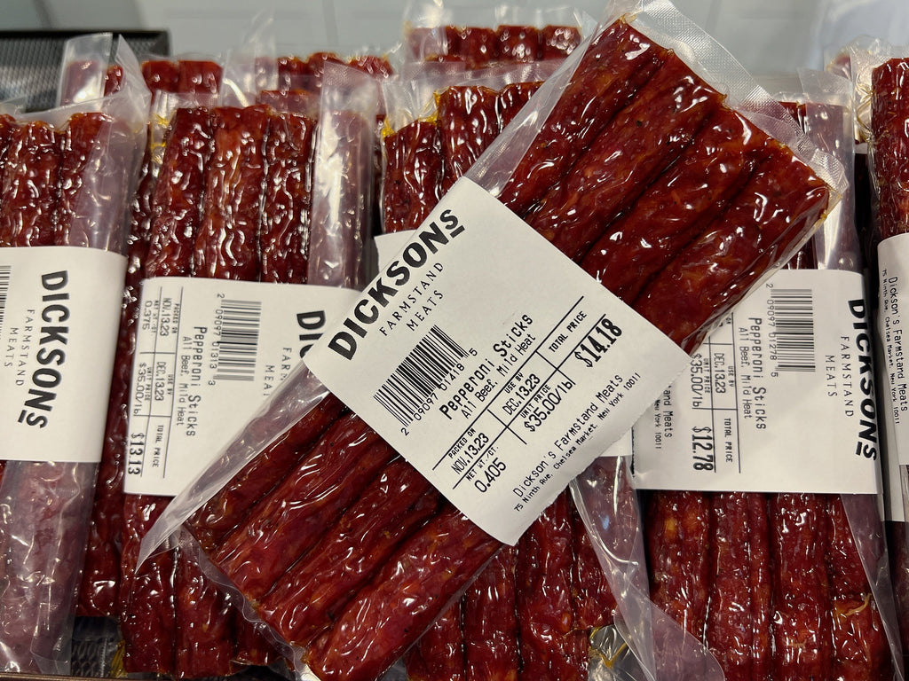 Packages of Dickson's beef sticks displayed for sale.