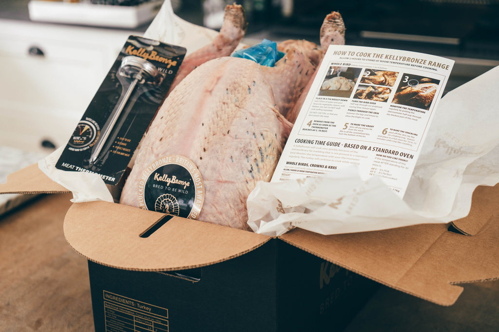 A raw turkey inside a cardboard box with cooking instructions and a meat thermometer.